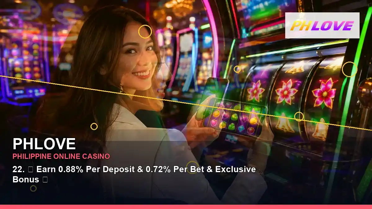 PHLOVE lucky reels online slot games featuring an adult Filipina casino host with a layered collage composition